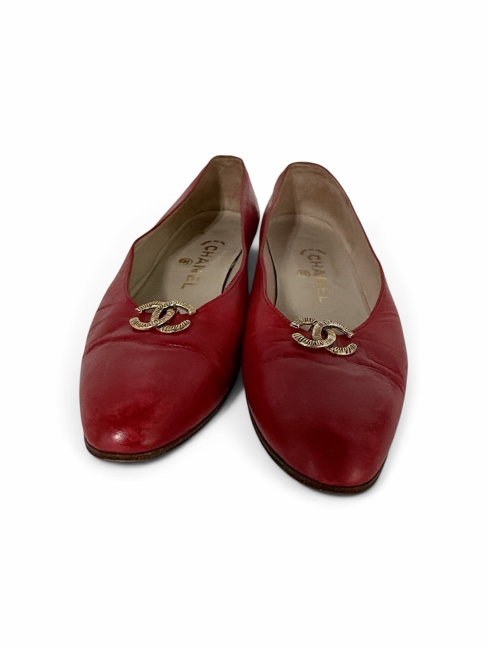 Vintage CHANEL Red Leather CC Logo Pointed Ballet Flats